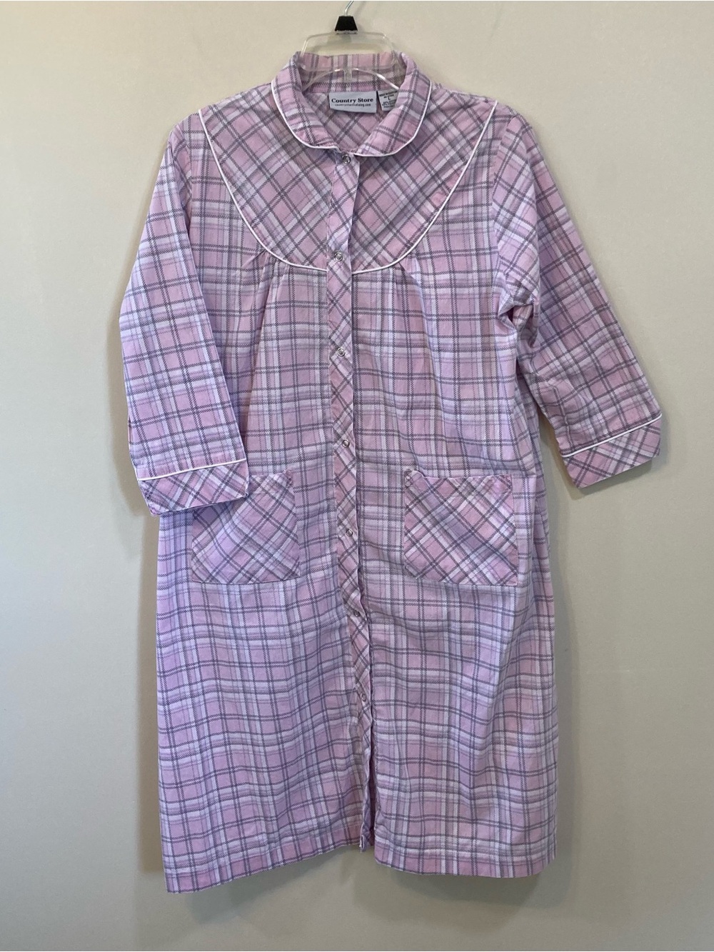 Country Store Housecoat Robe Sz L Snap Front 3/4 Sleeve Pink Plaid Cotton Blend